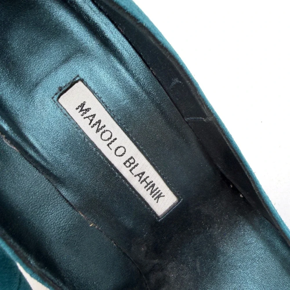 Manolo Blahnik BB Suede Pumps Teal Pointed Stiletto Heels Slip On Sz 39.5 / 9.5 - Picture 5 of 9